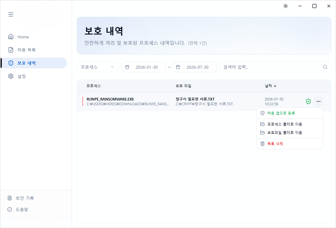 보호 내역 상세 분석 화면